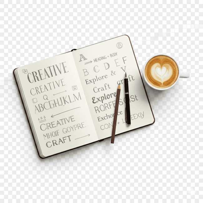 coffee and notebook with font sketches